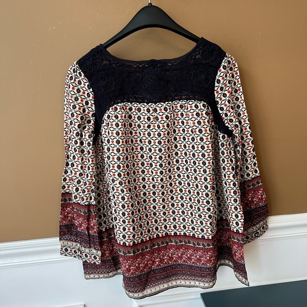 French Connection Brand New Size XS Utility Blue Blouse w/ Lace Boho Cottagecore - Picture 7 of 8